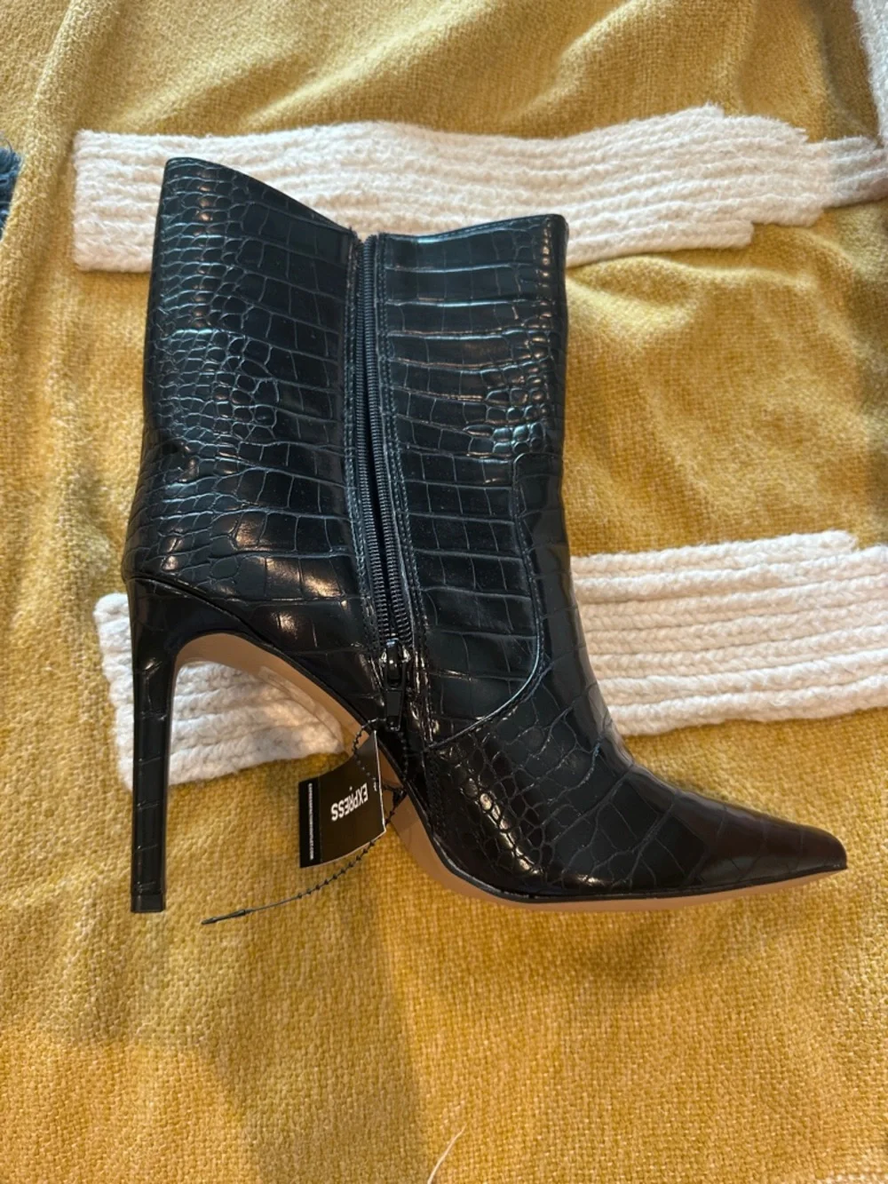 Express Black Croc-Embossed Stiletto Ankle Boots